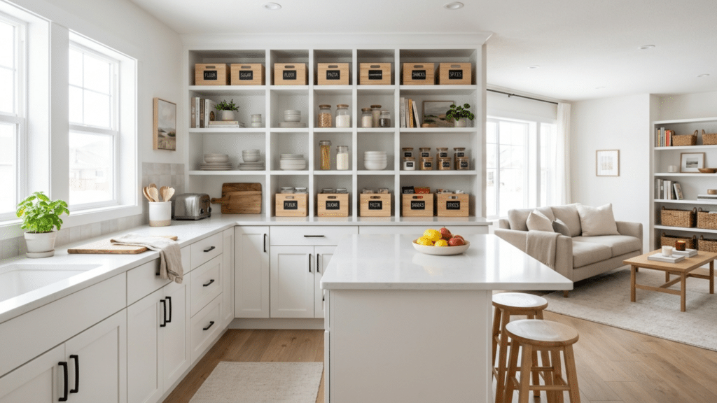 bright organized kitchen with labeled shelves and storage bins showing how to organize your home neatly and efficiently