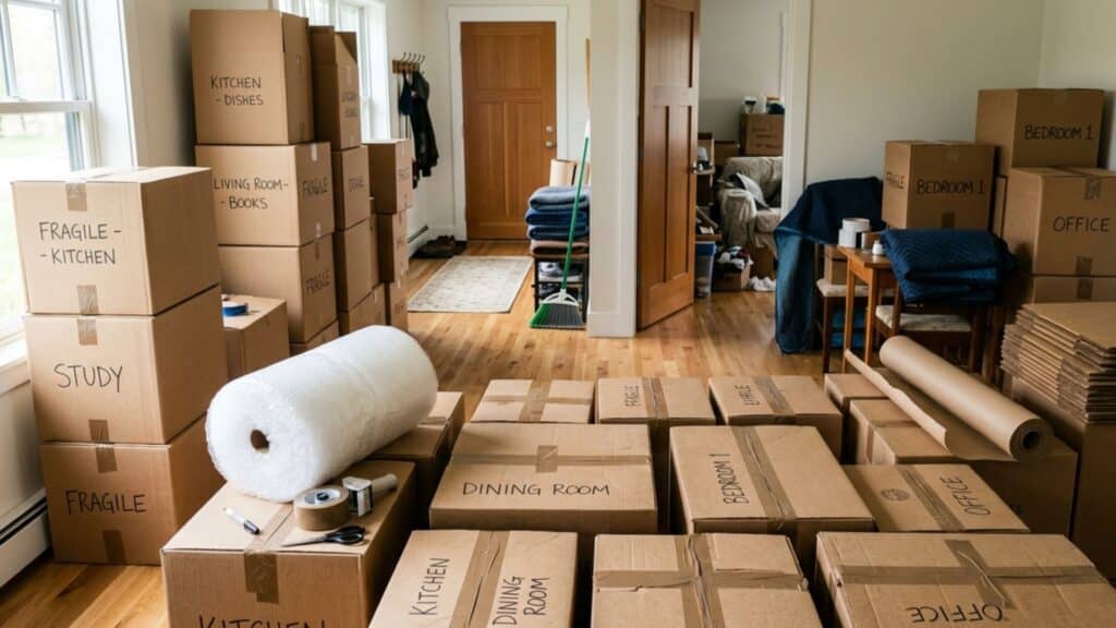 20 Moving Hacks to Pack Faster and Stay Organized bright room filled with neatly stacked labeled moving boxes packing supplies and household items arranged across floor