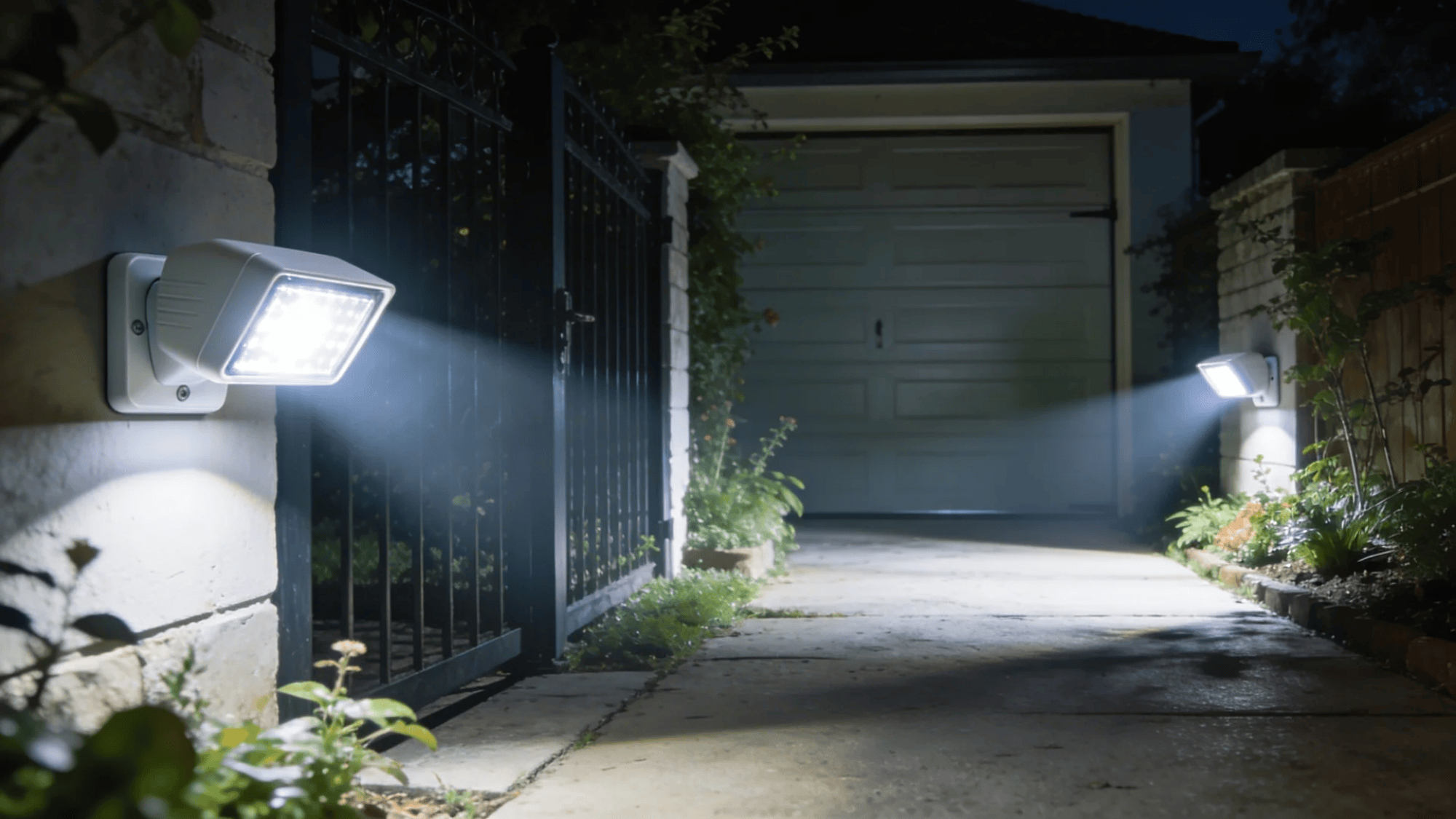 bright security lights illuminating driveway and garage entrance at night for safety