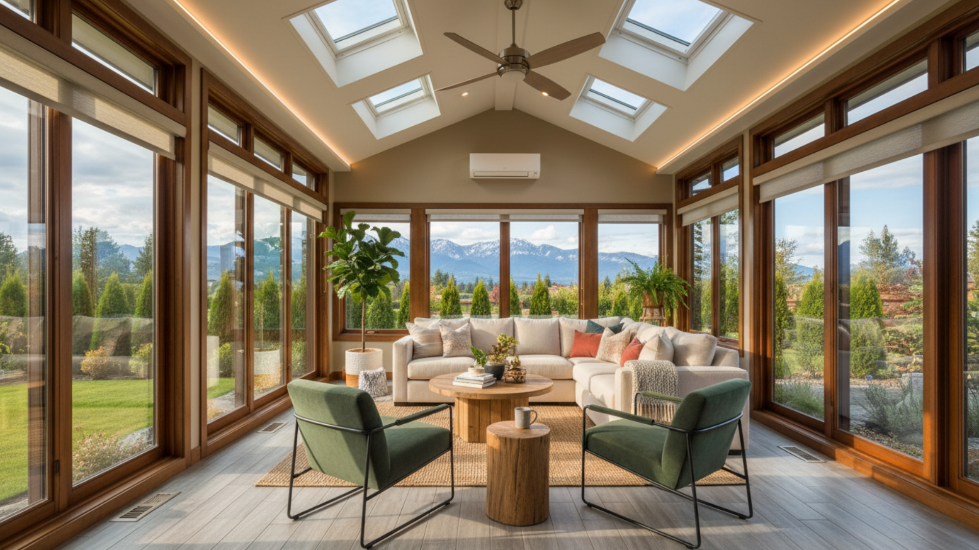 bright sunroom with large windows cozy seating area