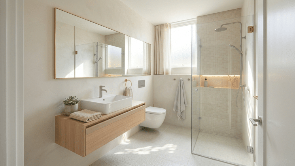 bright tiny bathroom with light colors large mirror glass shower and floating vanity design