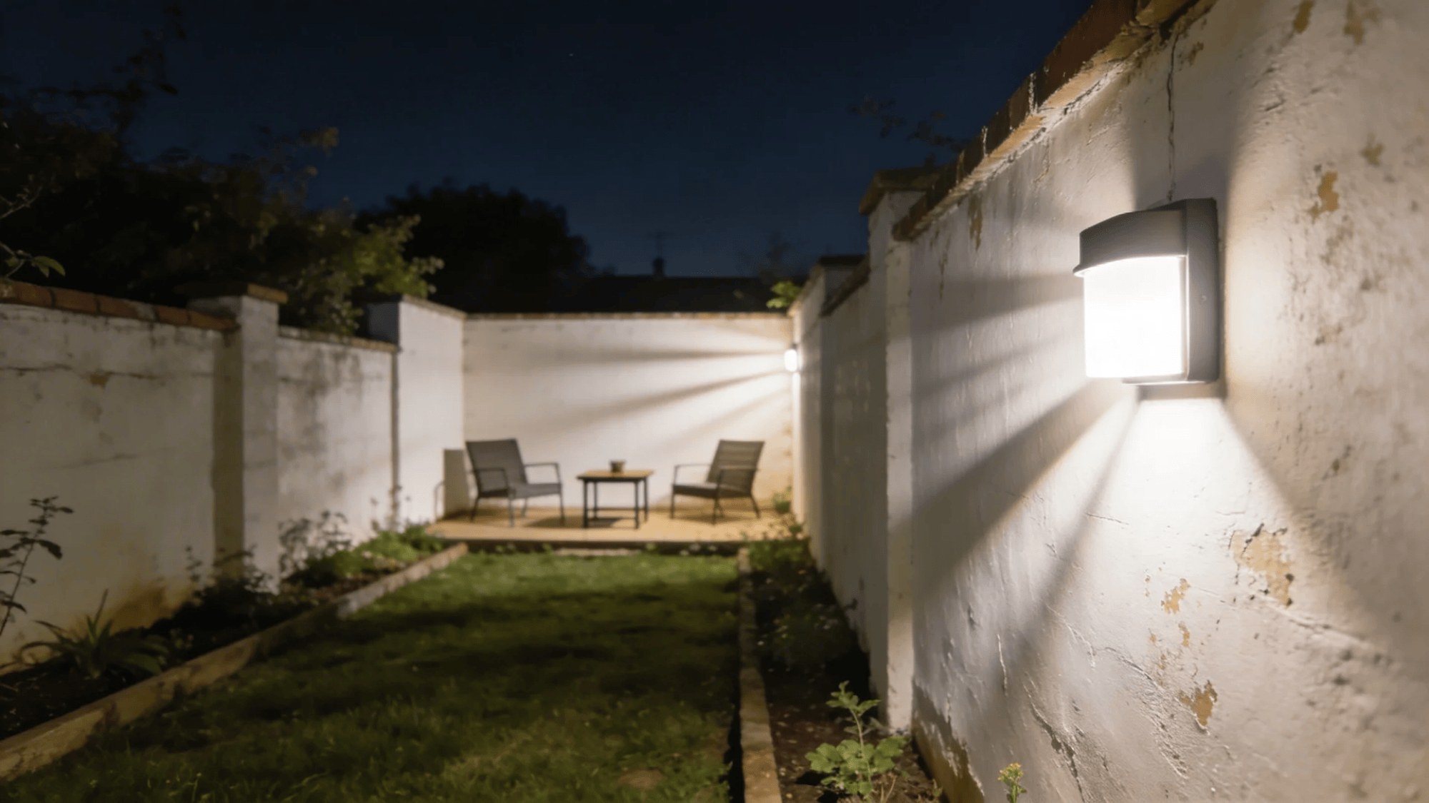 bright wall light illuminating small backyard patio with chairs and table at night