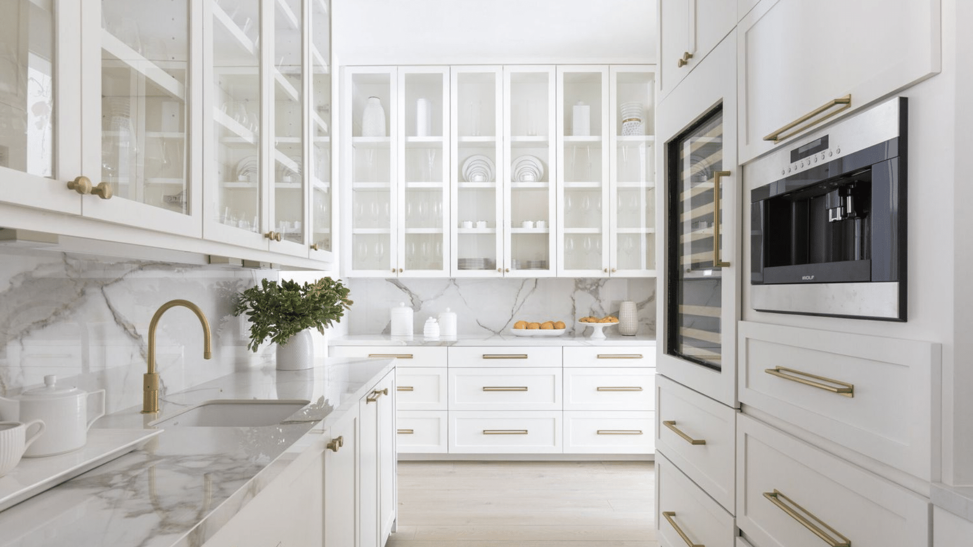 bright white luxury galley kitchen designs with glass cabinets