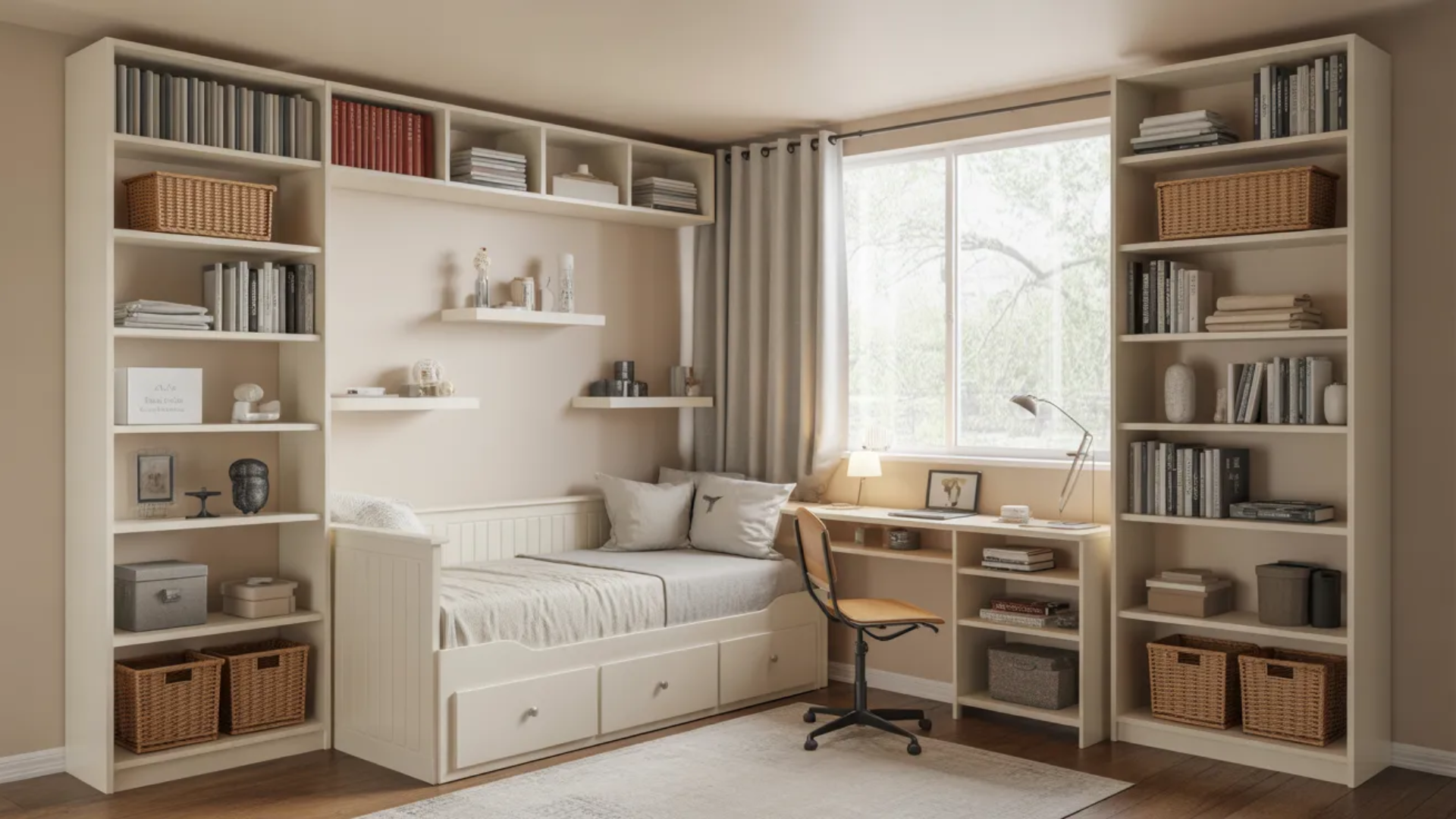 built in shelves daybed and study desk near window creating smart space saving spare bedroom ideas for small guest room and home office use