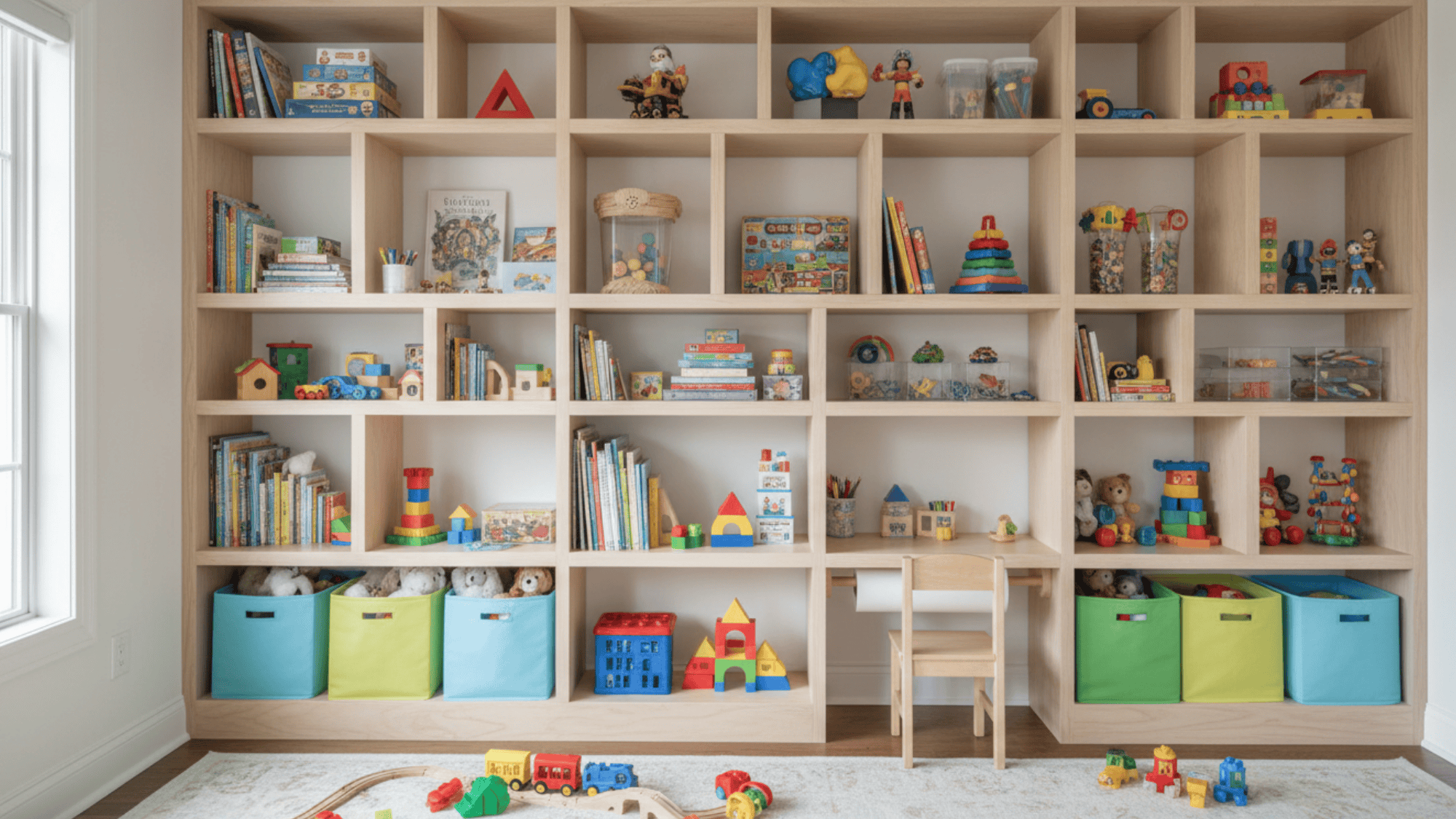 built in wall shelves with cubbies for kids toys books and bins in organized playroom storage setup