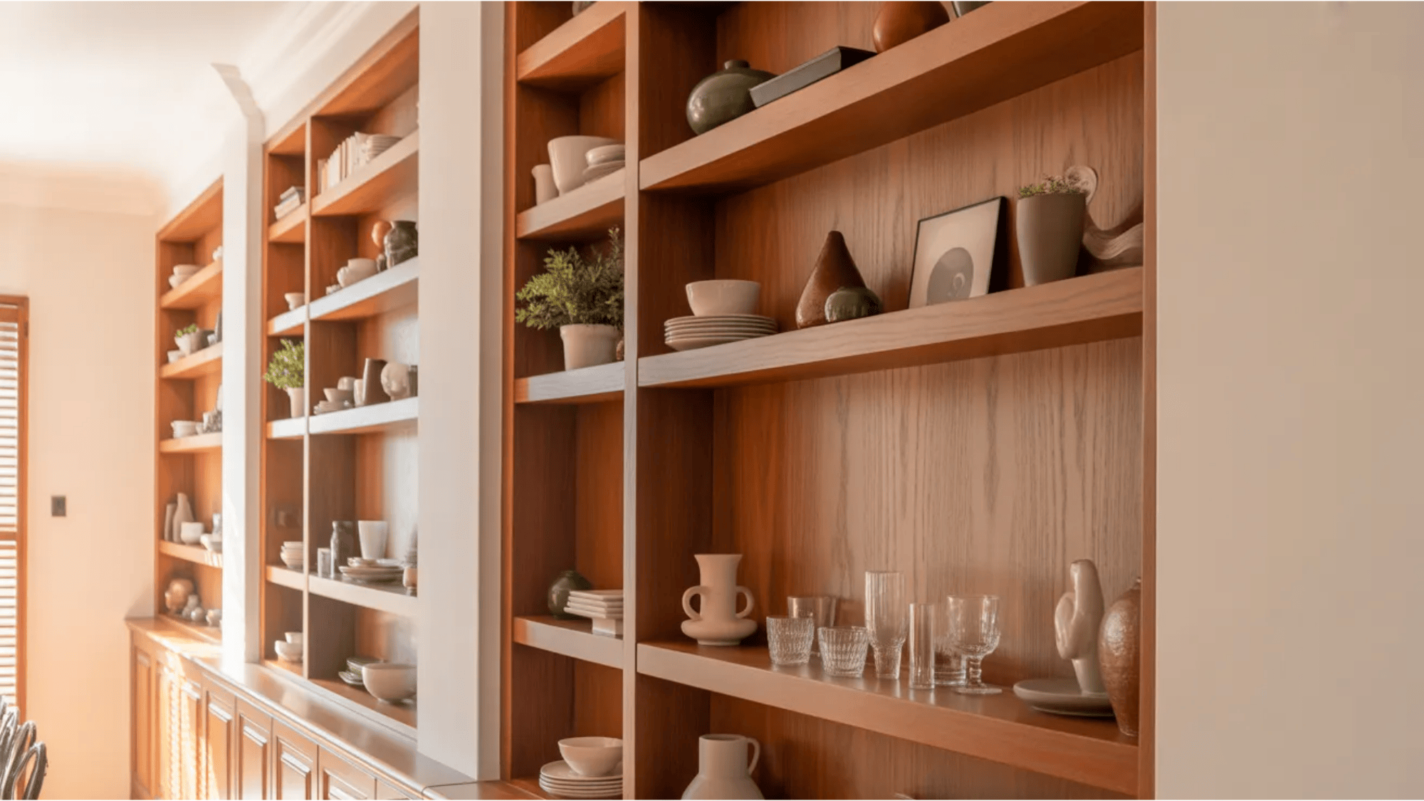 built in wooden shelves displaying dishes glassware and decor along the wall of a refined transitional dining room