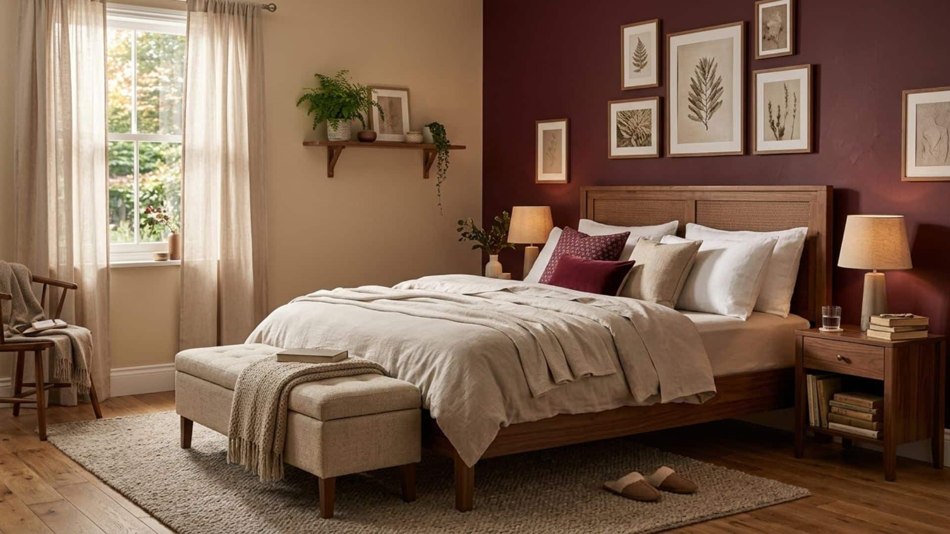 burgundy accent wall bedroom with beige wall wooden bed warm cozy bedroom interior design