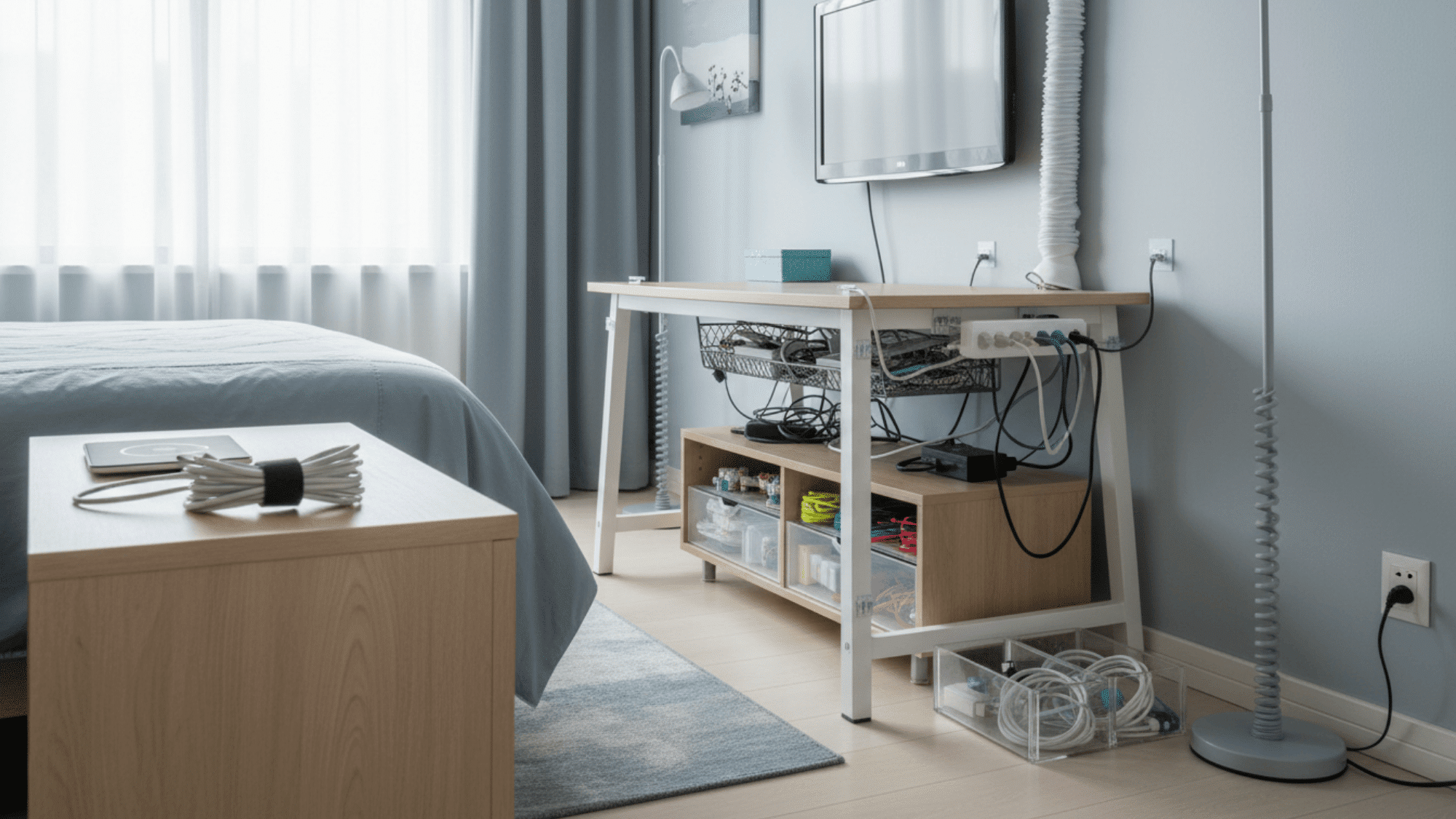cable organizers with wires neatly arranged under desk for simple bedroom organization ideas