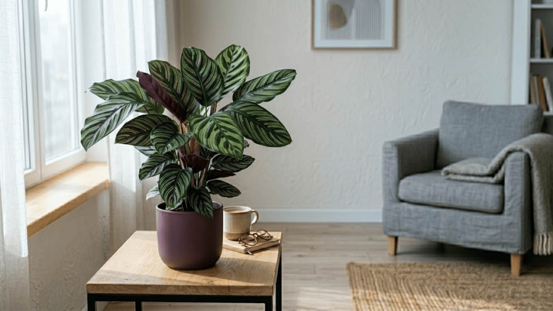 calathea plant with patterned leaves on table showing popular house plants for decorative homes