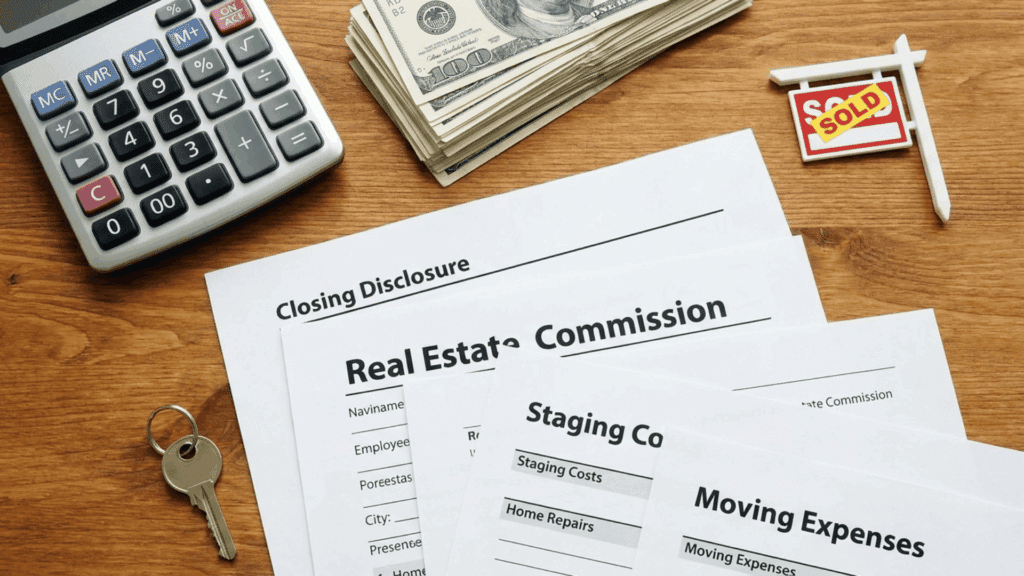 calculator cash and real estate papers showing commission staging costs and moving expenses with house sold sign