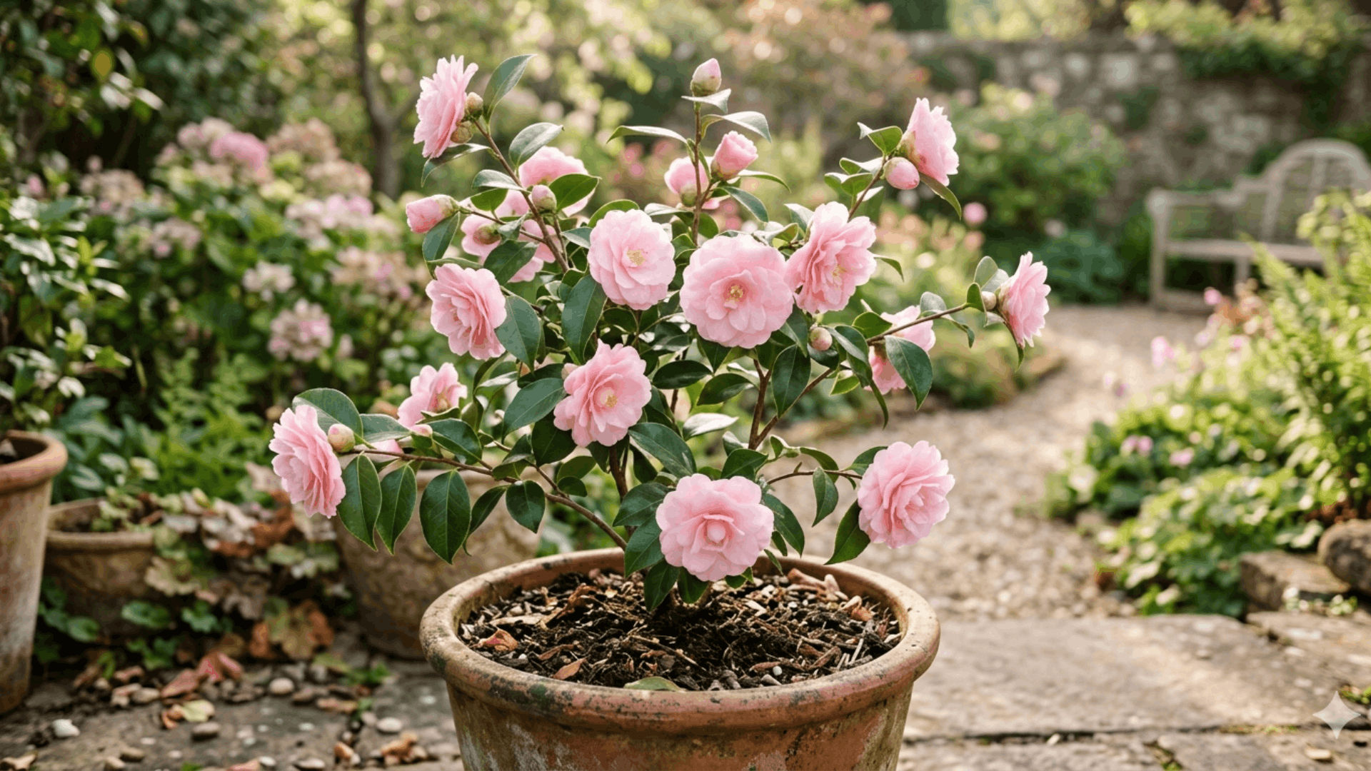 camellia plant with soft pink flowers growing in a garden pot with rich soil under gentle sunlight outdoors (2) (1)