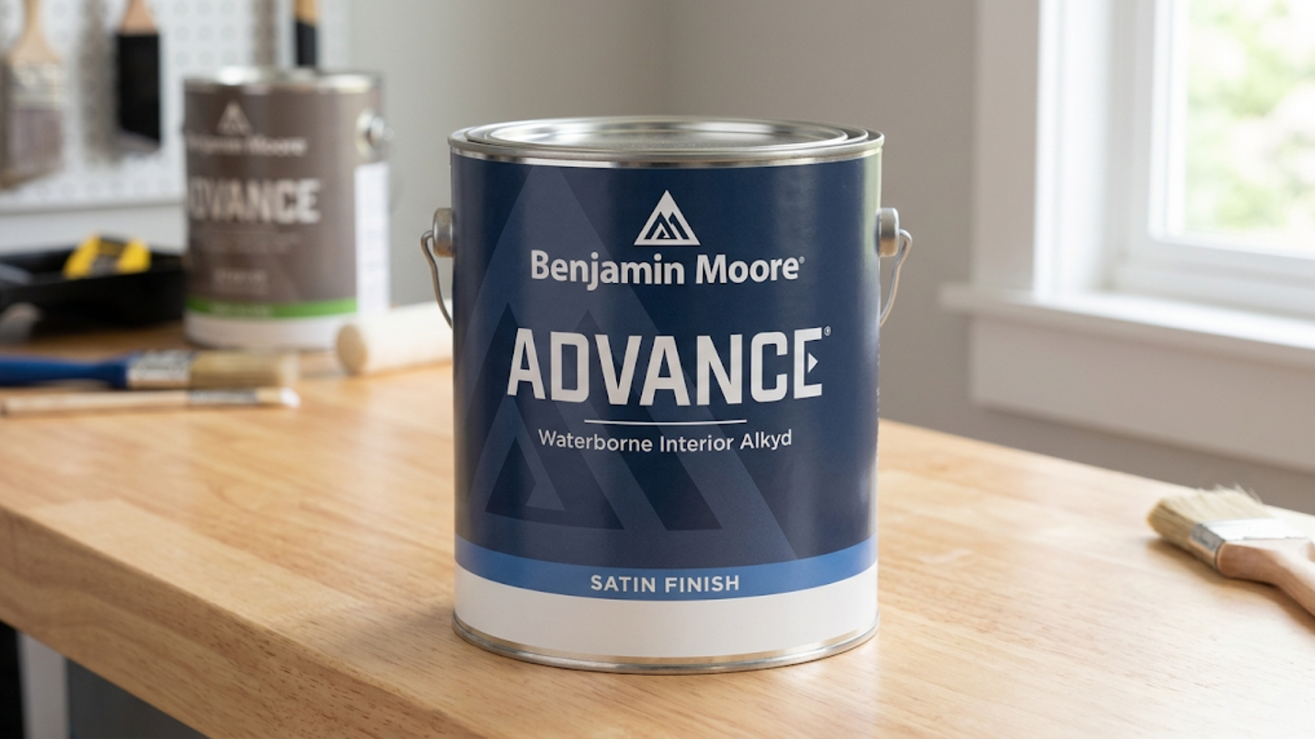 can of interior trim paint advance satin finish on wooden table near window shown as best paint for trim in bright home workspace
