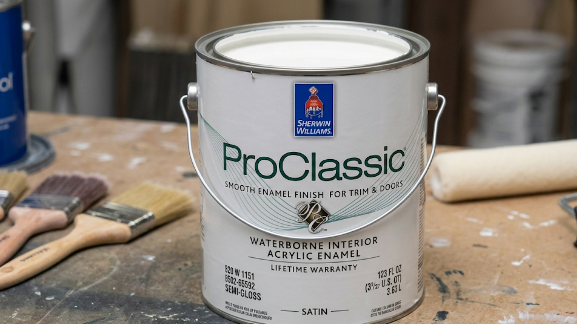 can of interior trim paint proclassic enamel on workbench with brushes shown as best paint for doors and trim in workspace