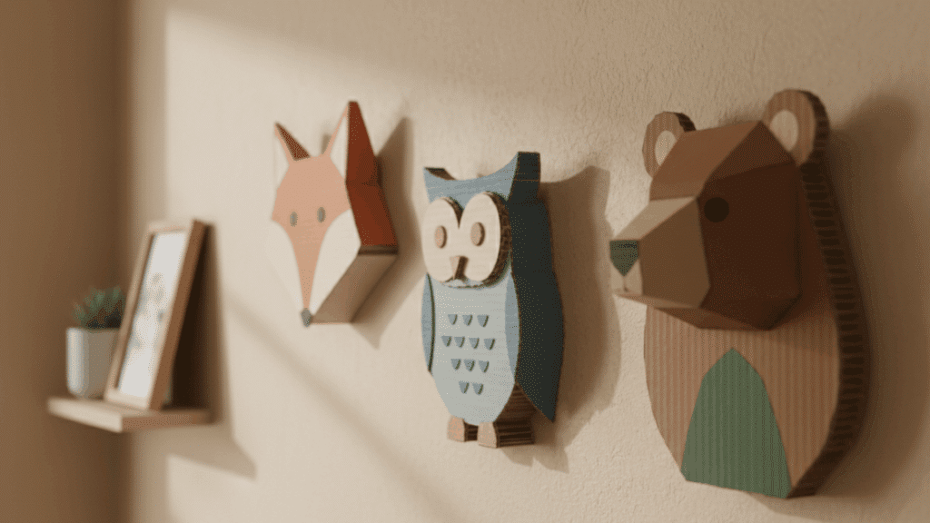 cardboard animal wall decor fox owl and bear mounted on light wall