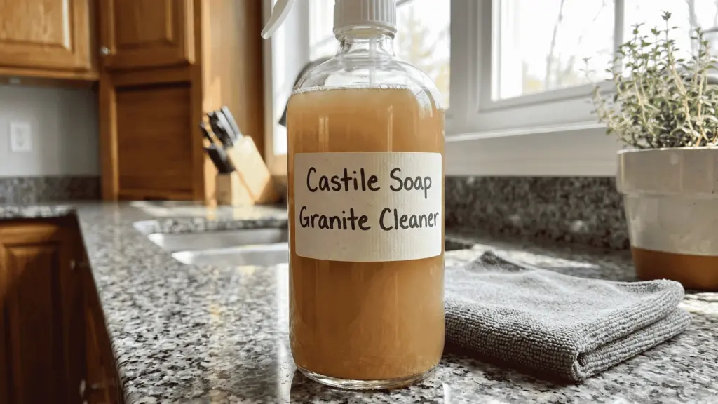 Glass spray bottle of castile soap granite cleaner on granite countertop with cloth.