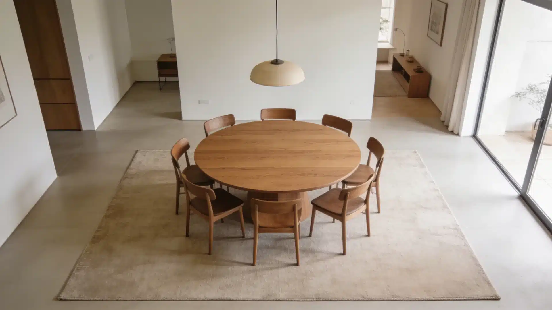 centered round dining table with chairs on a large rug placed evenly in a spacious room with balanced layout