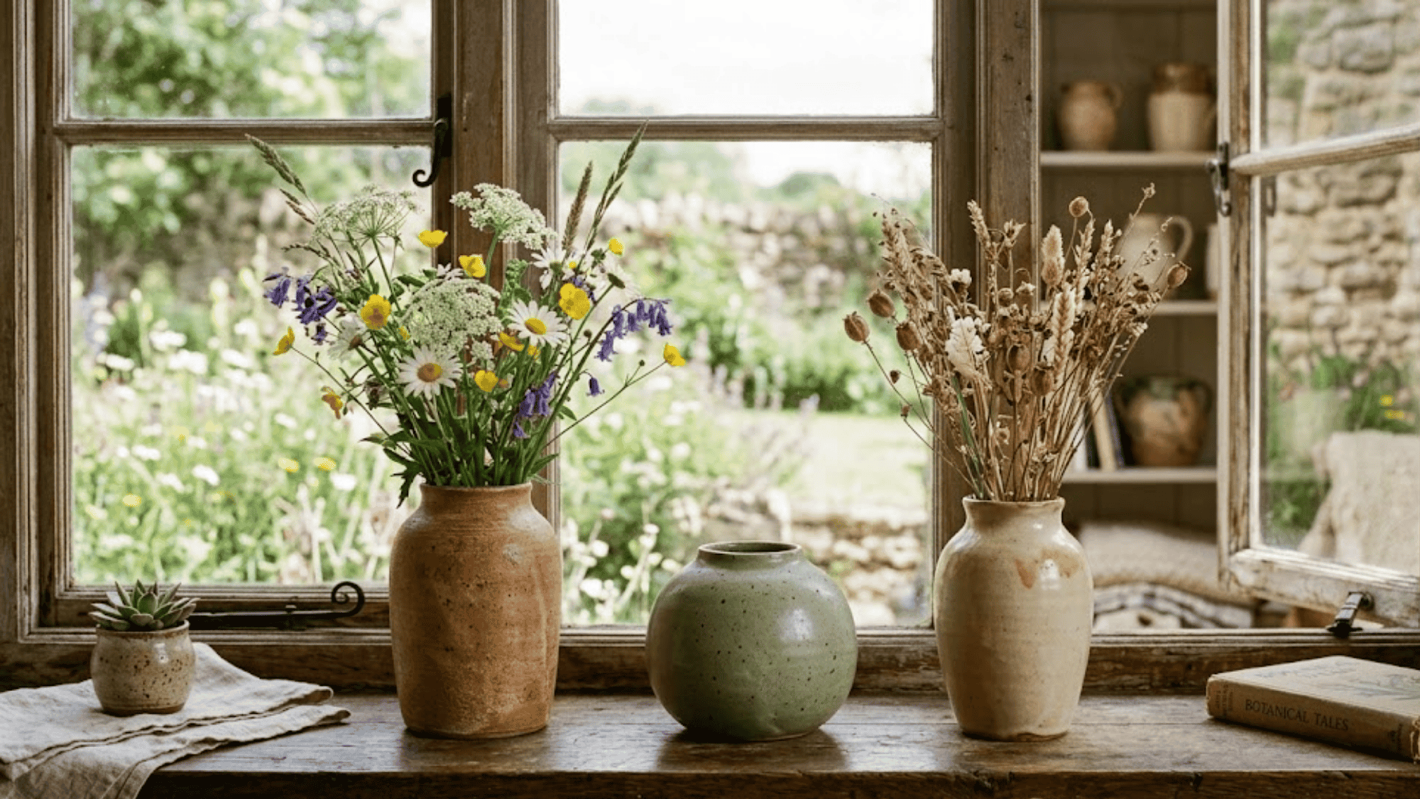 ceramic vases with fresh and dried flowers on window sill rustic countryside home decor