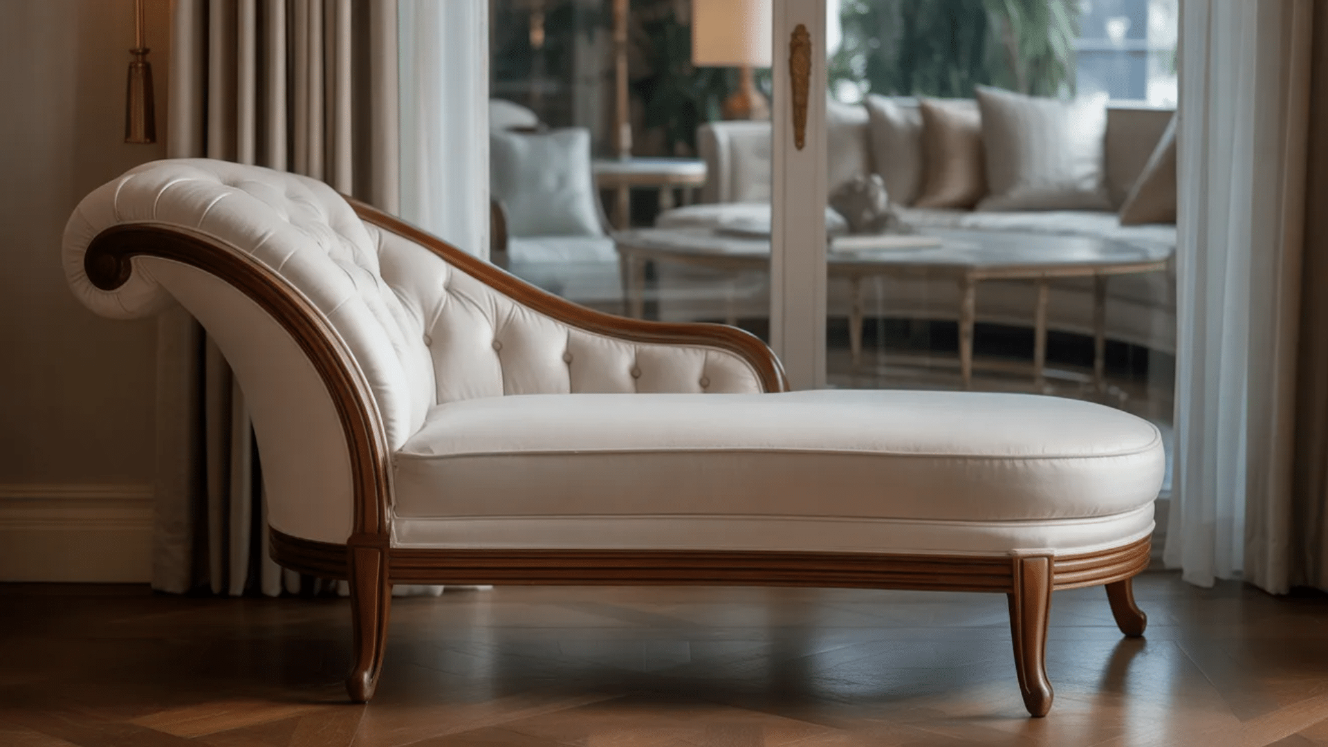 chaise lounge with extended seat allowing one person to recline comfortably while stretching legs