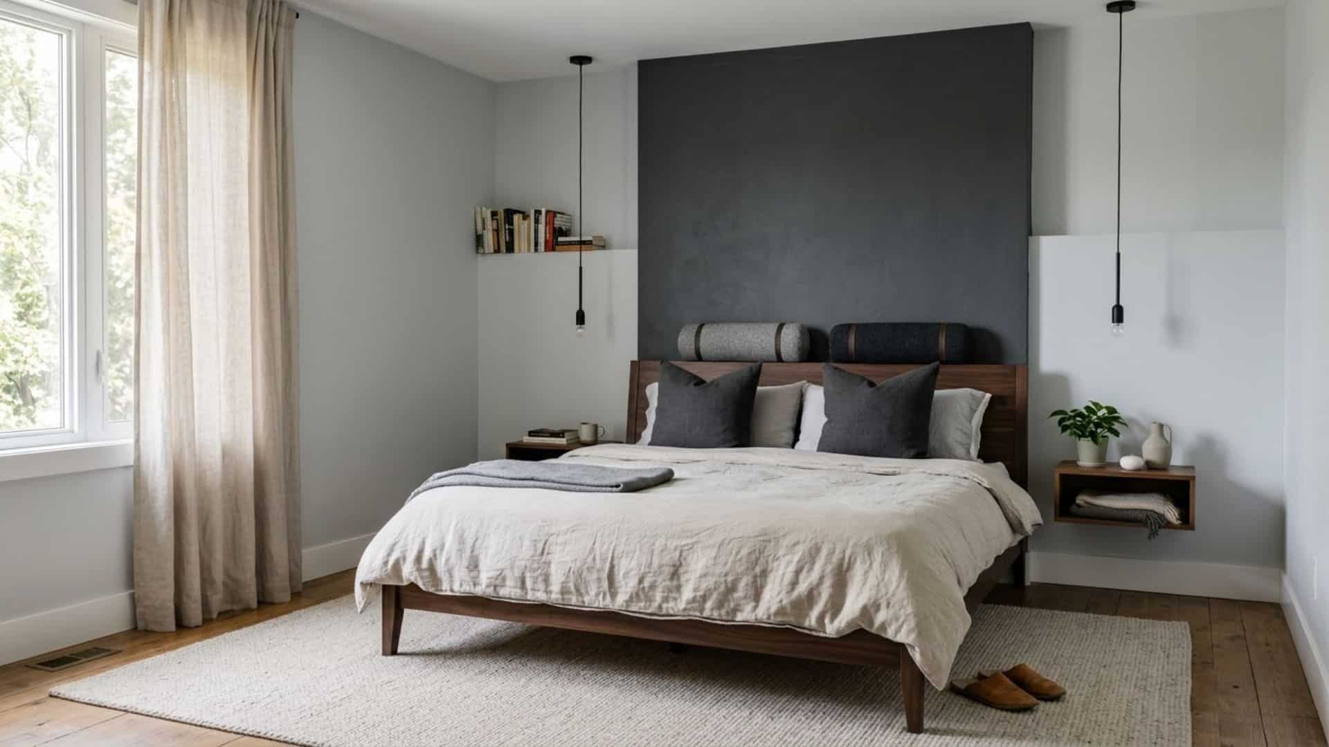 charcoal and pale gray bedroom with dark wood bed neutral bedding modern minimalist interior bedroom design