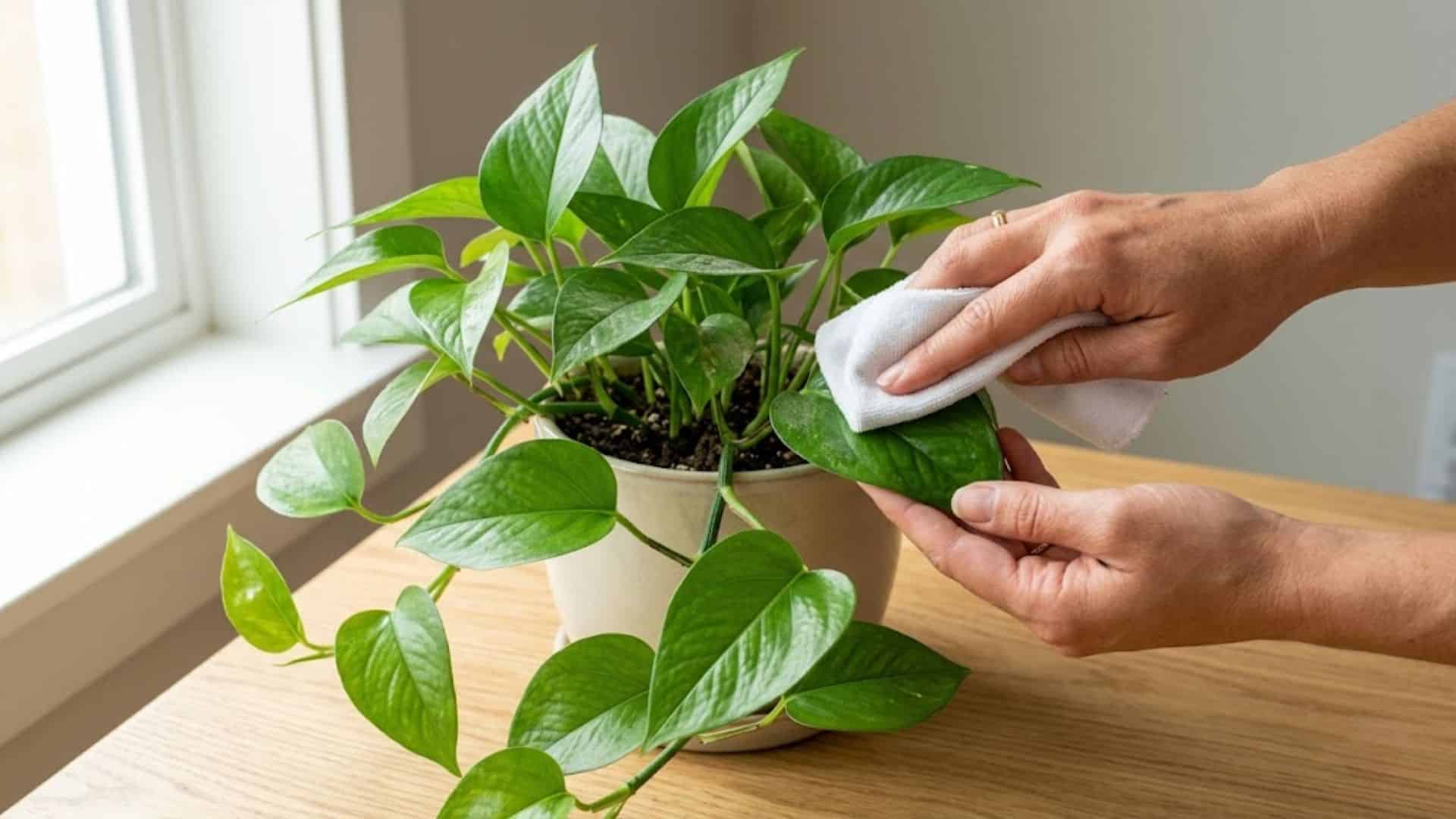 checking pothos plant leaves closely and cleaning them to maintain healthy indoor plant