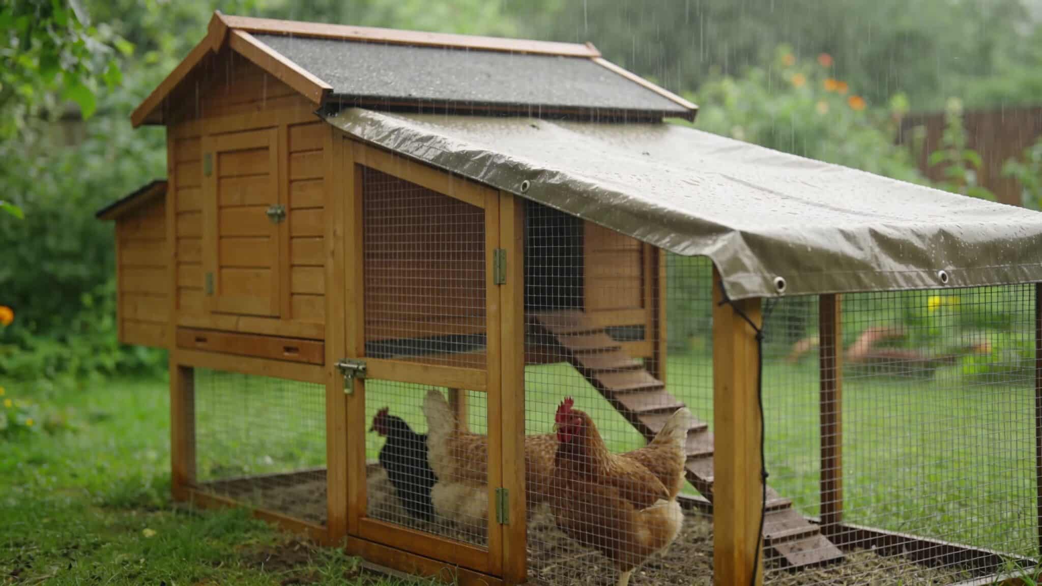 chicken run with rain shelter tarp wooden coop and hens staying dry during light rain in green backyard