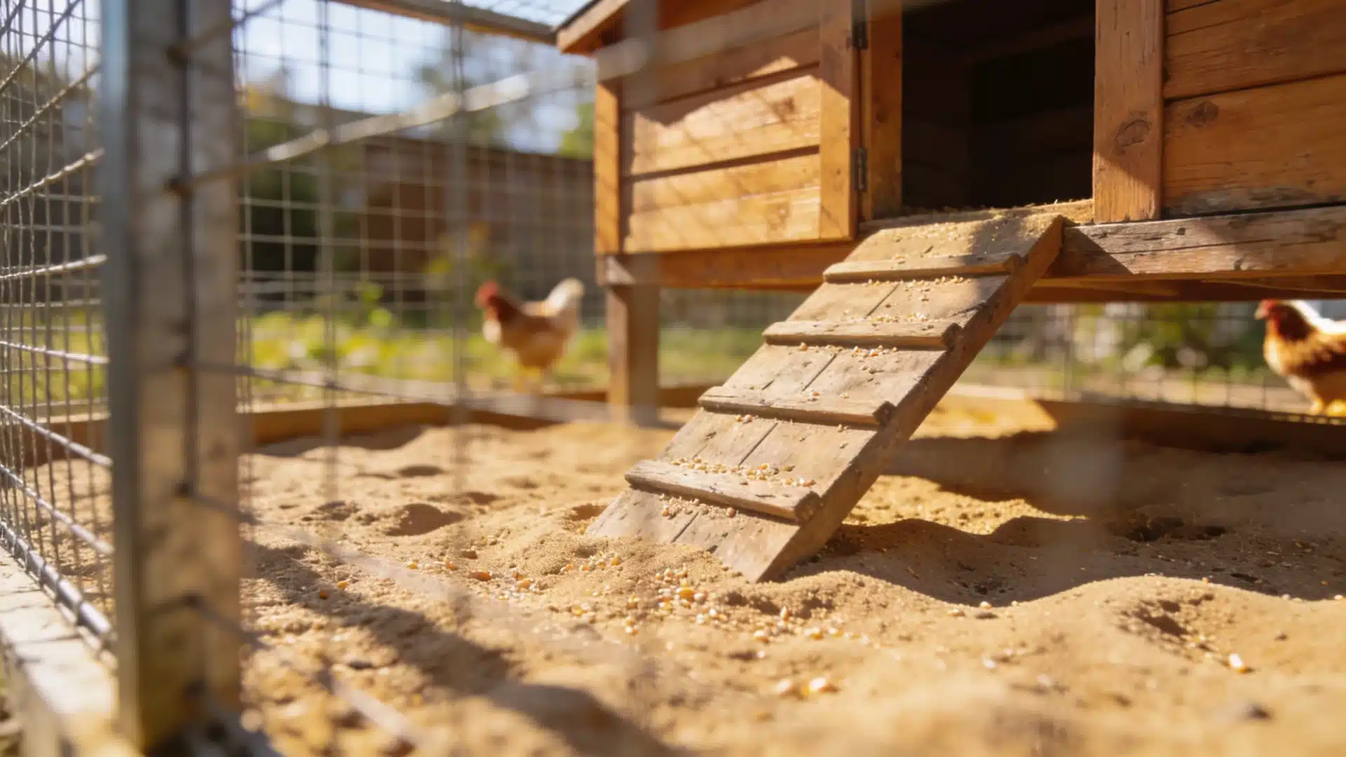 chicken run with sand flooring wooden coop ramp wire mesh enclosure sandy ground detail warm sunlight shallow depth of field