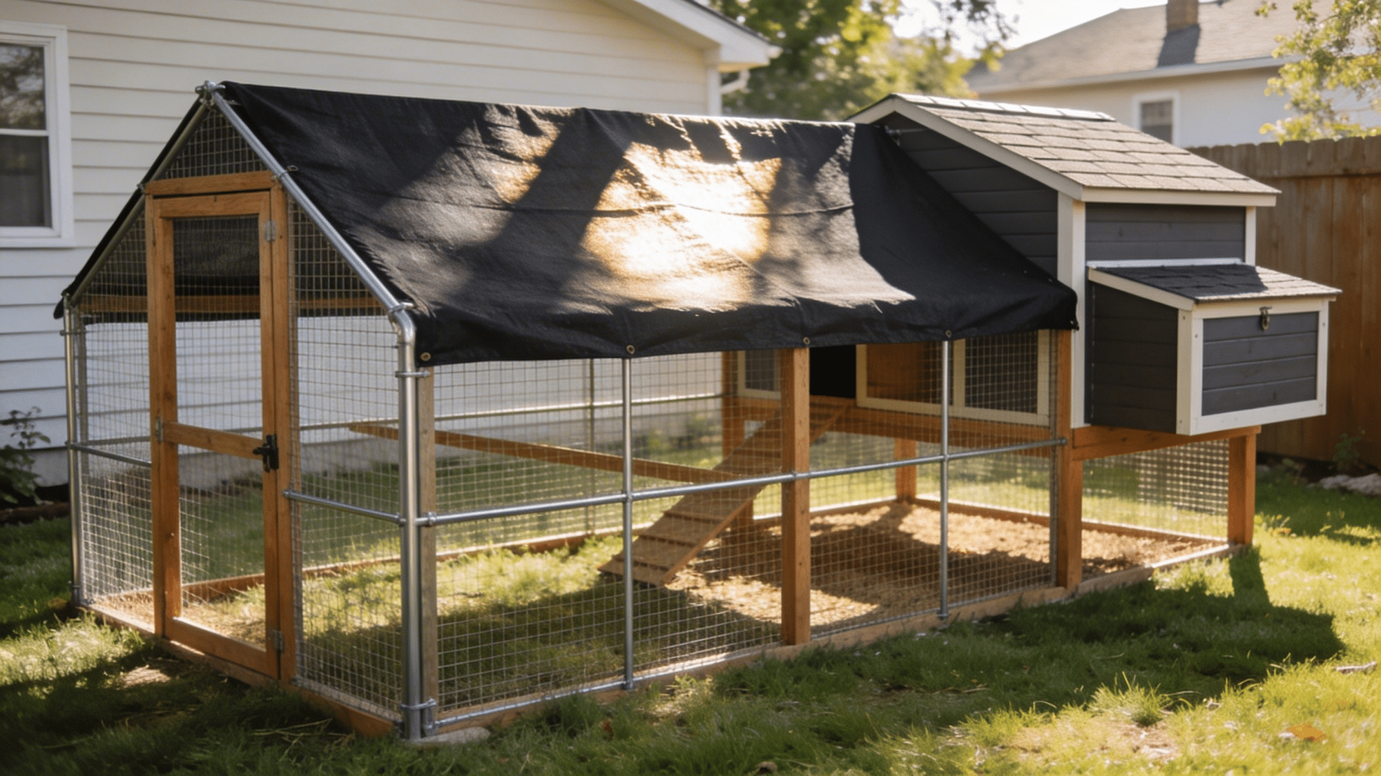 chicken run with shade cloth cover metal and wooden frame wire mesh enclosure attached coop and partial sun protection in a backyard setting