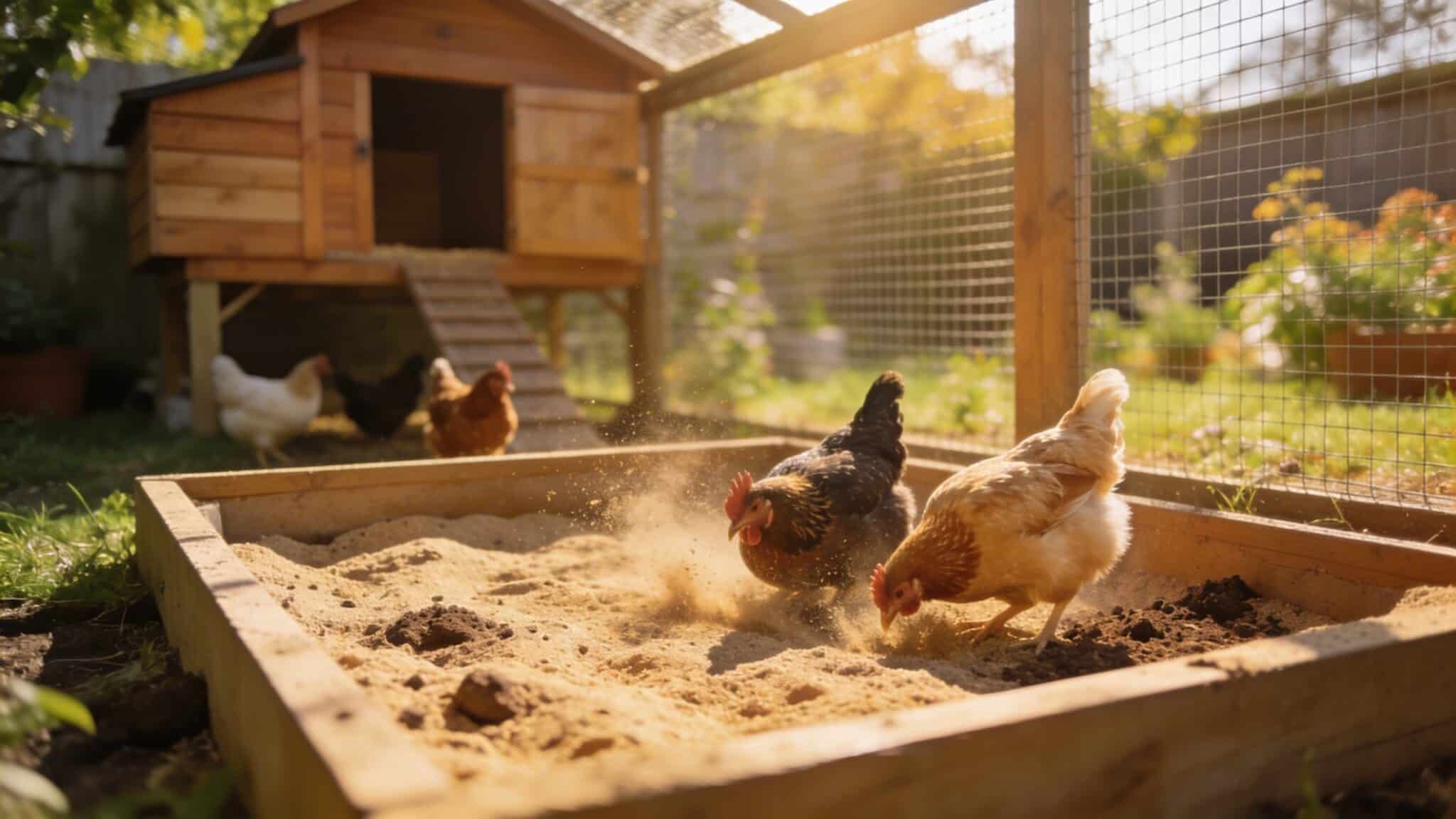 chickens dust bathing in a sandy box inside a backyard run with wooden coop and warm sunlight