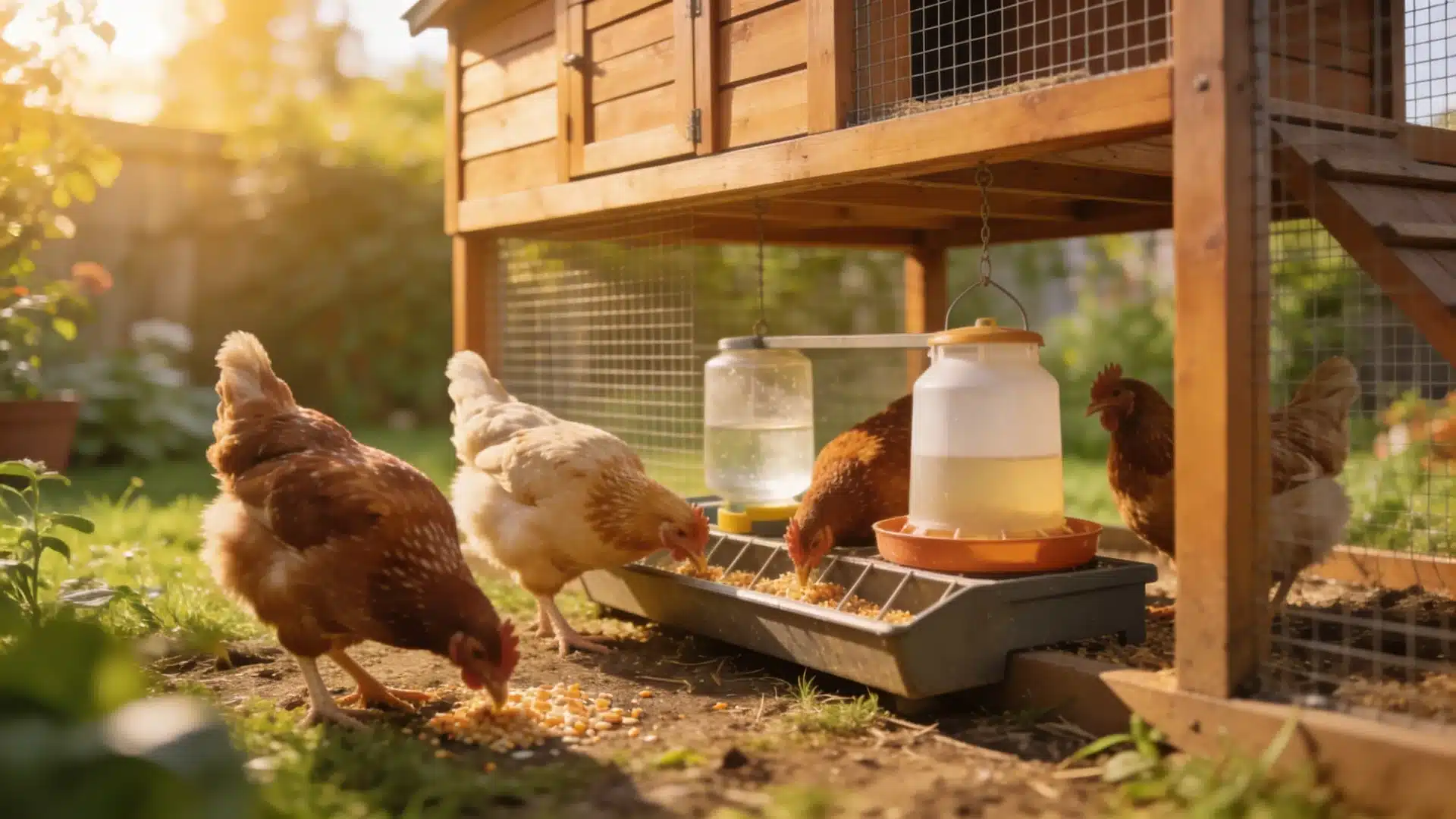 chickens feeding at a station with feeder and waterer inside a backyard coop under warm sunlight