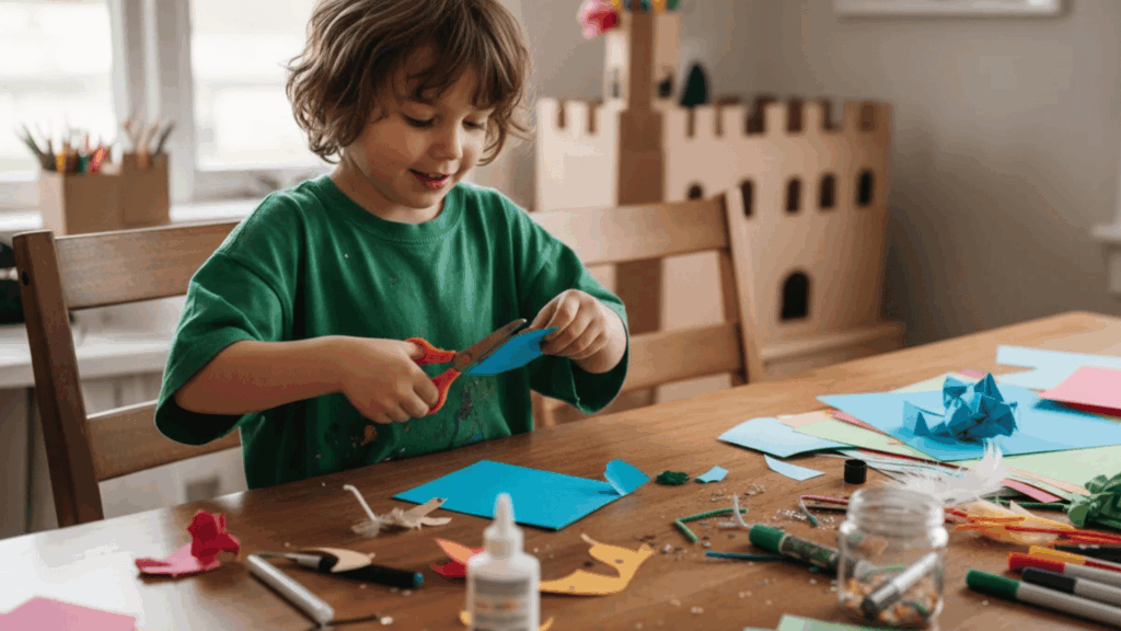 child cutting paper with scissors at table covered in craft supplies