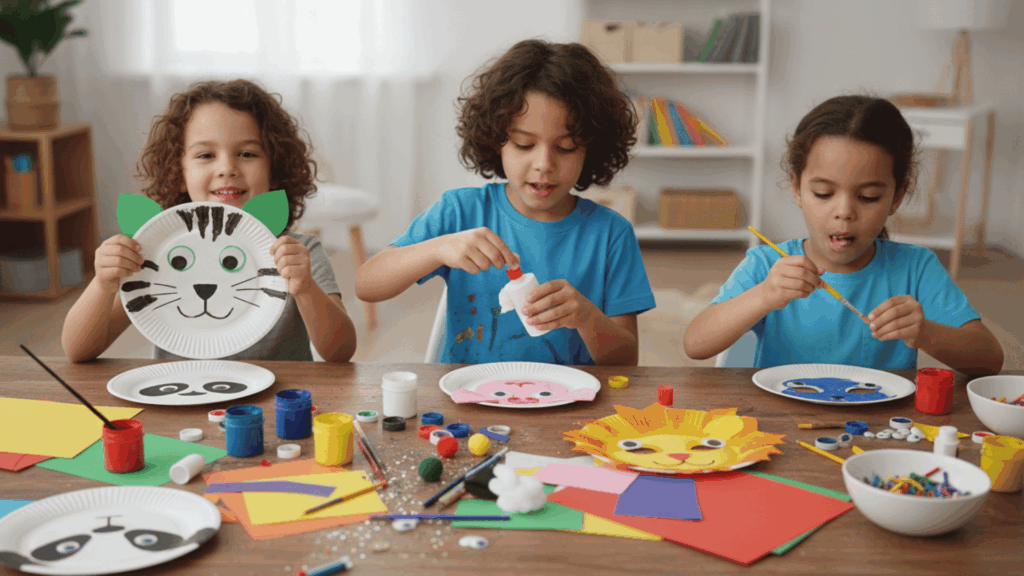 children painting paper plate animal crafts at table with art supplies