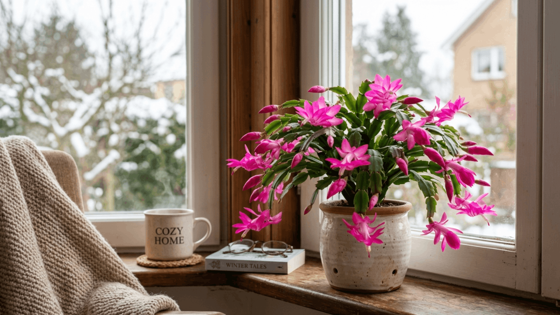 christmas cactus with bright pink flowers in a small pot placed on a windowsill with soft indoor light (1)