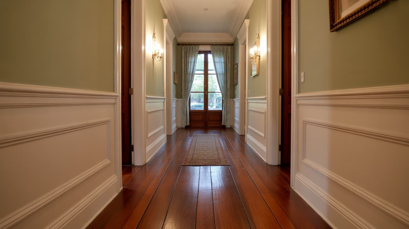 classic hallway interior with polished wood flooring highlighting popular hardwood floor stain colors leading to glass doors with curtains