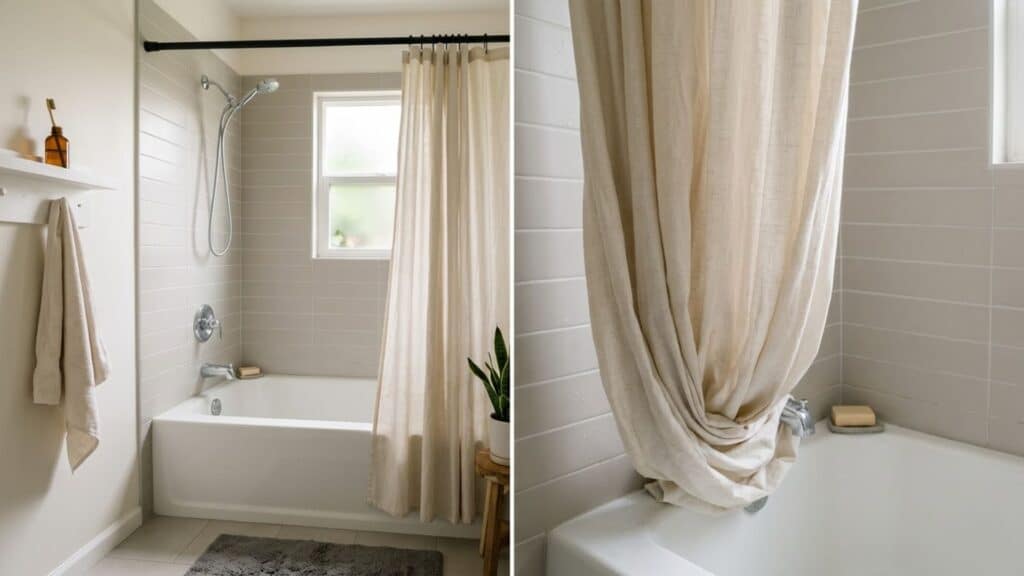 clean shower curtain in modern bathroom with soft folds neutral colors and natural light simple interior design