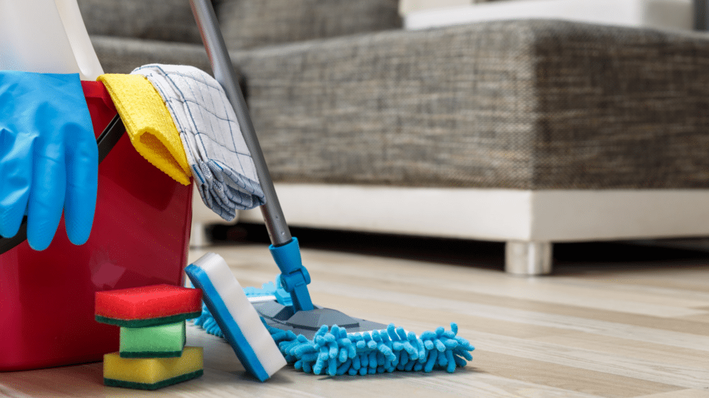 cleaning supplies bucket mop sponge ready for house cleaning