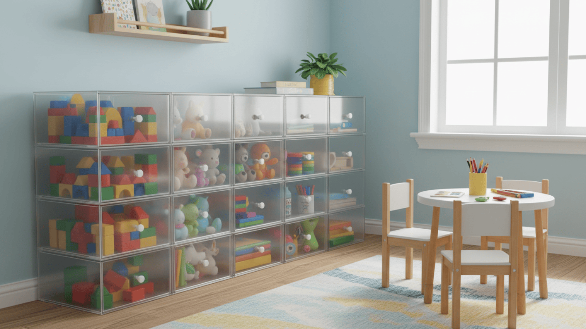 clear toy drawers stacked with blocks and toys for neat playroom storage ideas simple easy to use