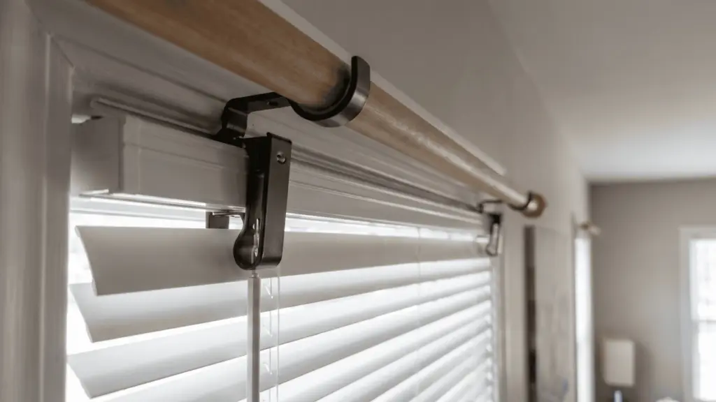 Curtain rod held by headrail brackets clipped onto horizontal blinds