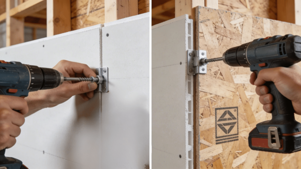 close up drywall vs sheetrock comparison showing hands drilling screws into panels on wooden framing with tools and hardware visible