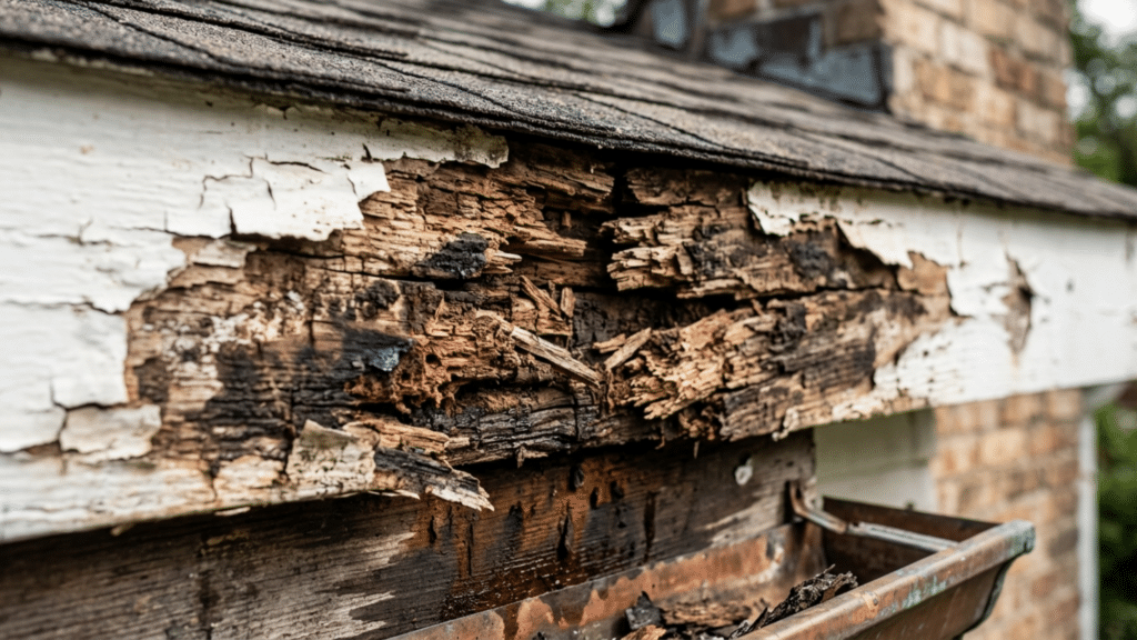 close up of rotted fascia board with peeling paint and decay showing what is fascia on a house and signs of damage