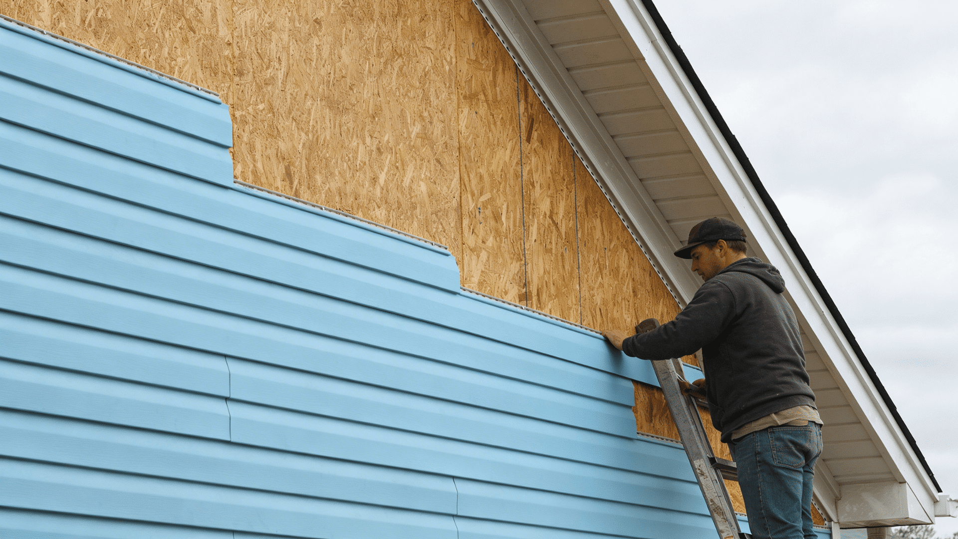 close view of a man installing blue horizontal siding with scuffs and marks showing fiber cement siding vs vinyl durability comparison