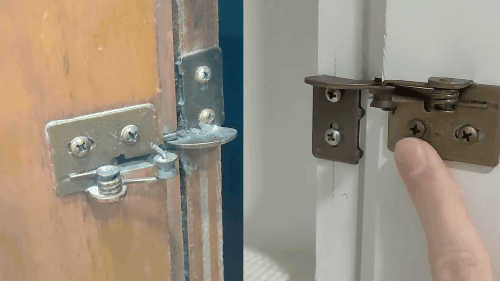 close view of cabinet door hinges before and after cleaning with finger pointing to updated hardware on white door