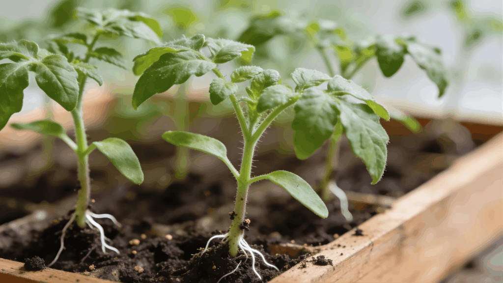 close view of healthy plants showing when to transplant tomato seedlings with visible roots and strong stems in soil