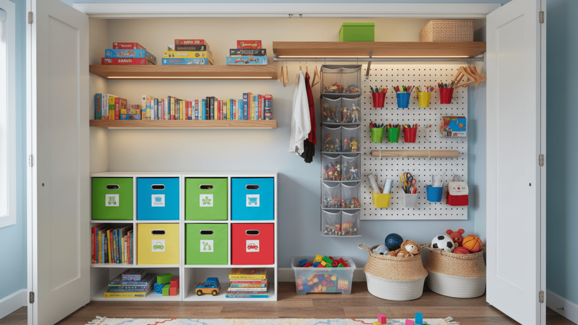 closet makeover system with shelves bins and pegboard for kids toys and supplies in organized playroom setup
