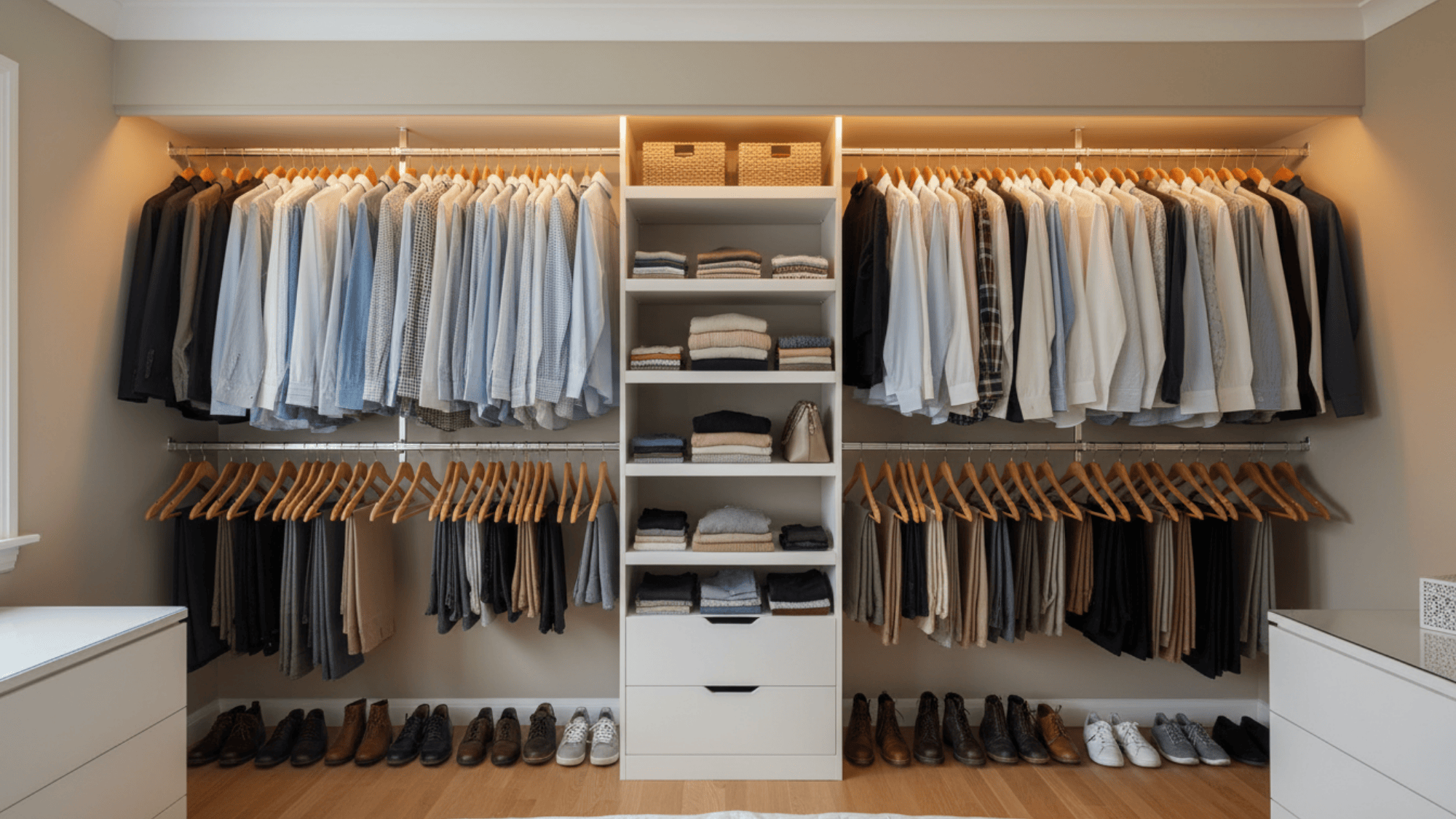 closet rods with neatly hung clothes and organized shelves for simple bedroom organization ideas