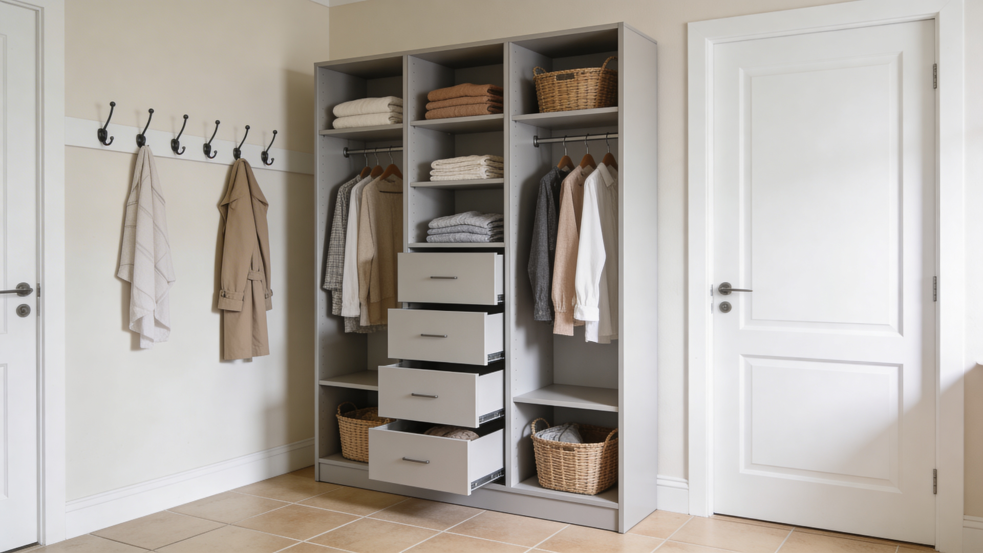 closet style storage with drawers shelves and hanging clothes