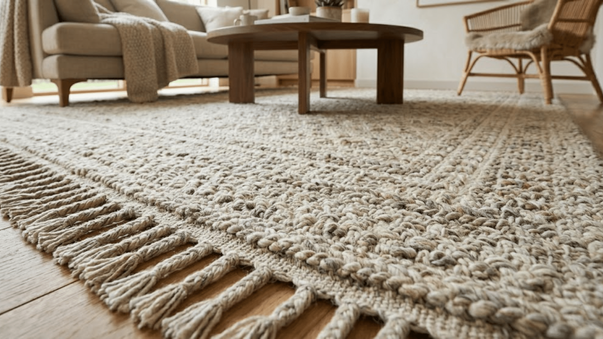 closeup of neutral textured rug with tassels in a modern living room with wooden floor and sofa