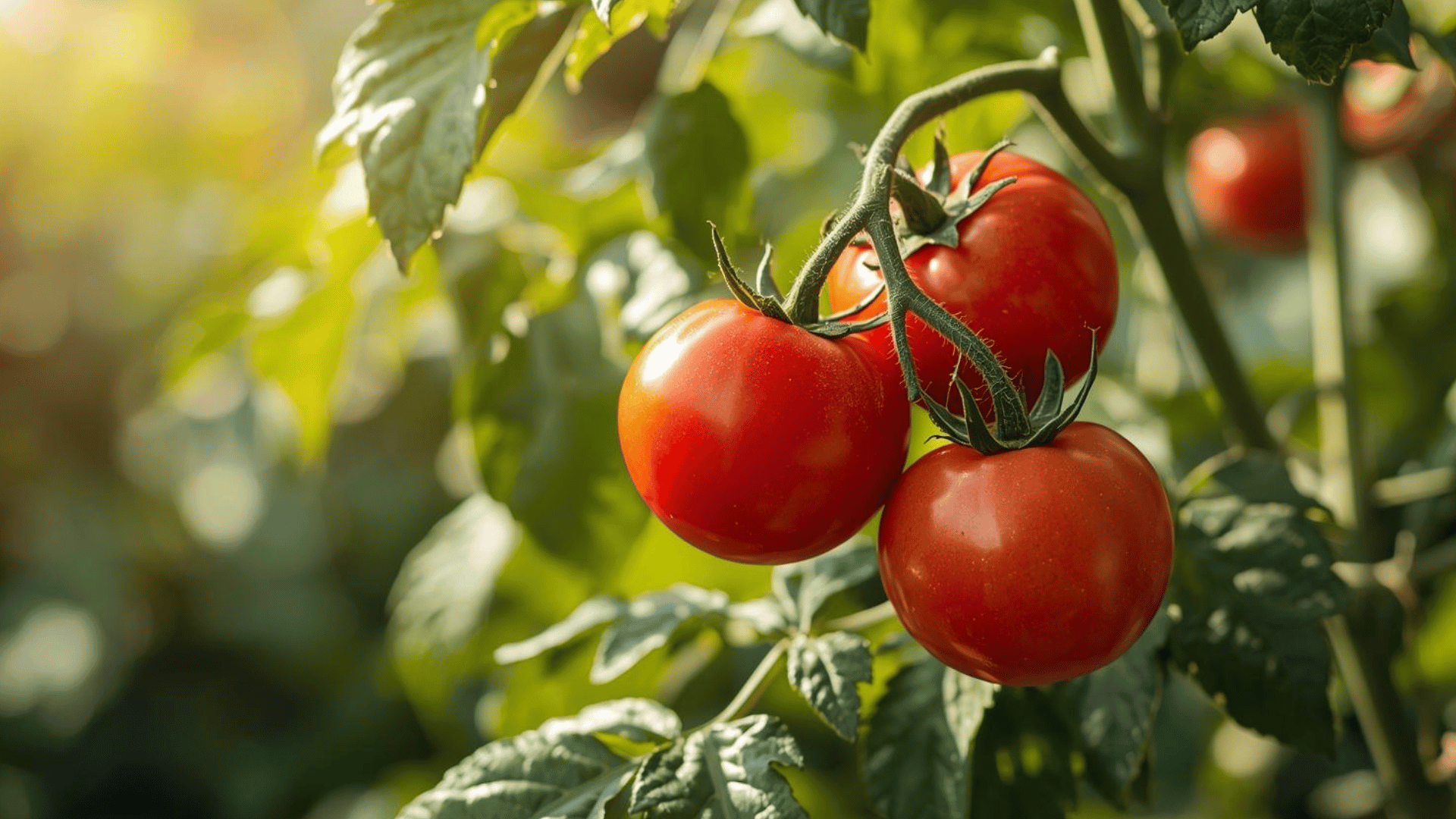 cluster of ripe red tomatoes hanging on vine with green leaves in sunlit garden with soft natural backgro