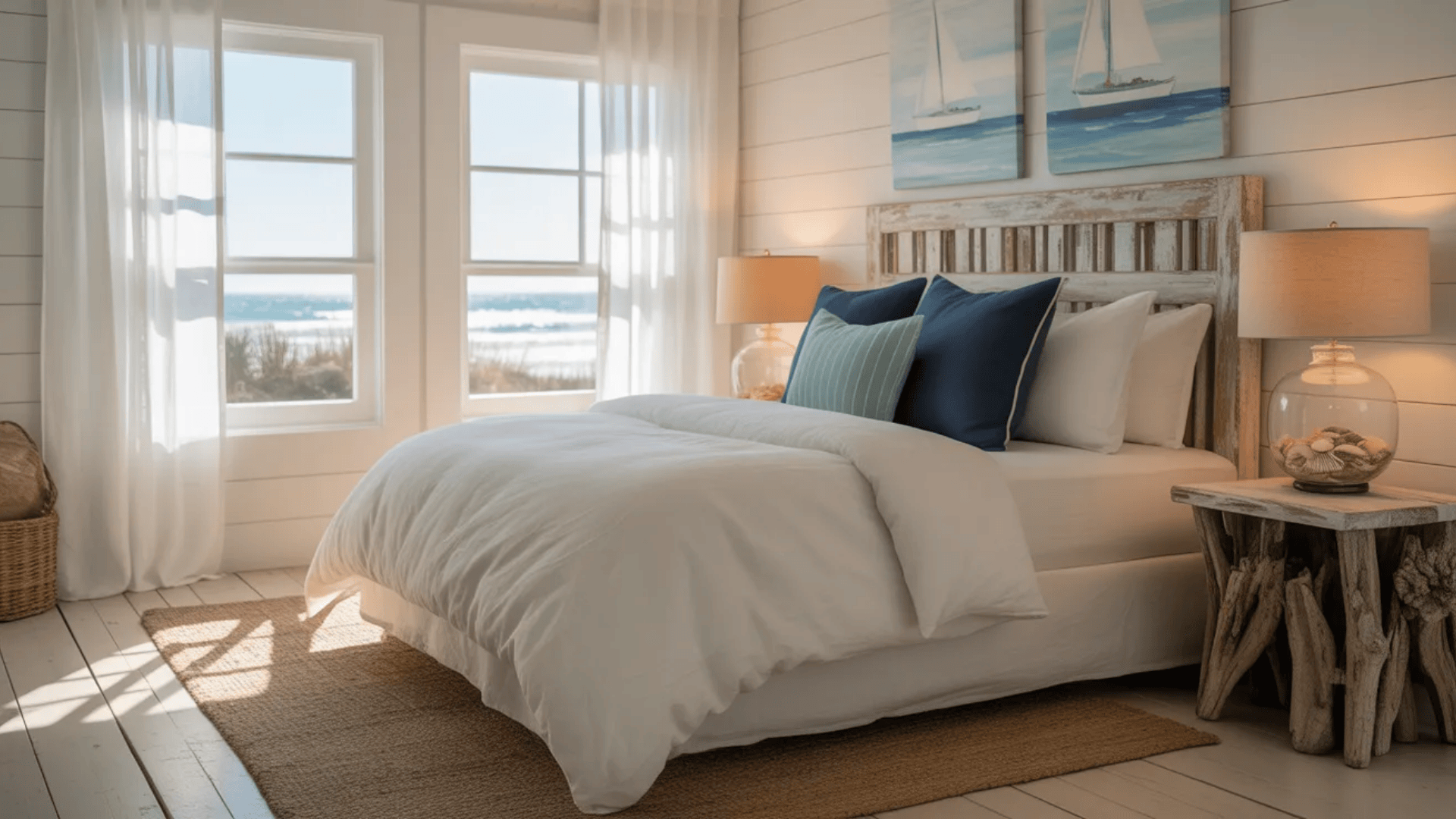 coastal style bedroom with wooden bed blue pillows beach view windows and soft light creating relaxing spare bedroom ideas for guest comfort