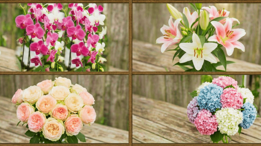 collage of different libra flowers to gift on any occasion with soft pastel blooms