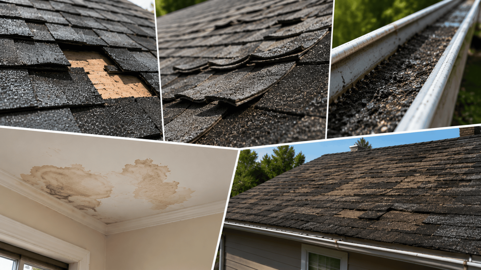 collage showing missing curling and aging roof shingles with gutter granules and indoor ceiling water damage